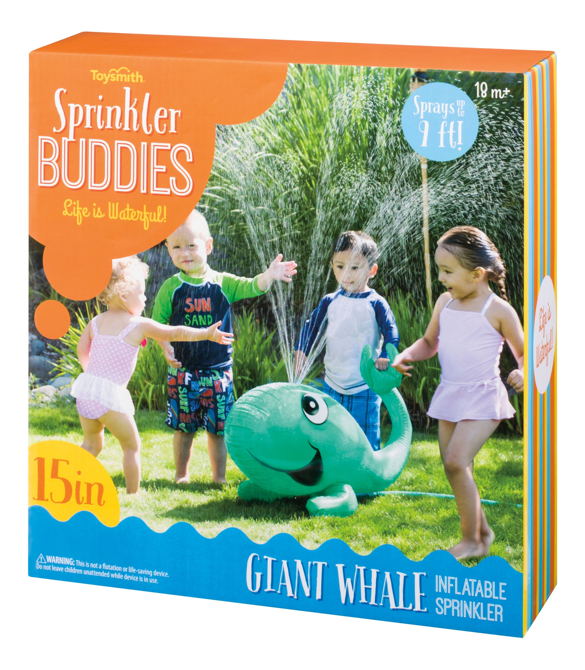 Package of Sprinkler Buddies Giant Whale showing children playing