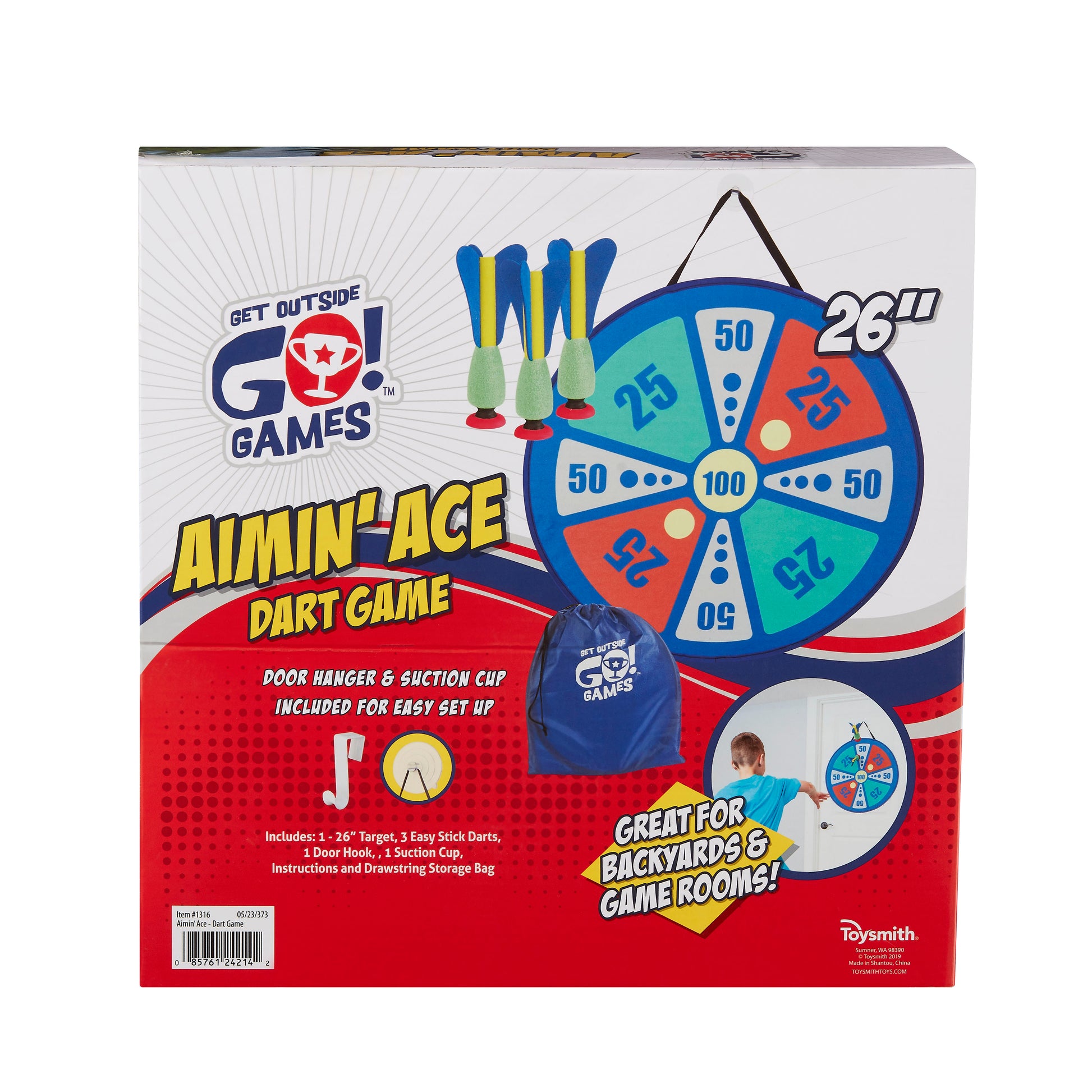 Back of package containing Aimin' Ace Dart Game