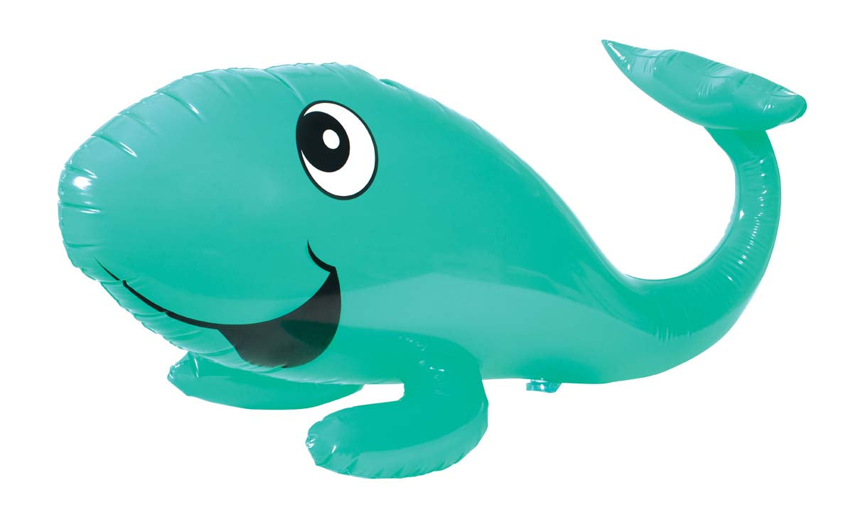 An inflatable turquoise whale sprinkler