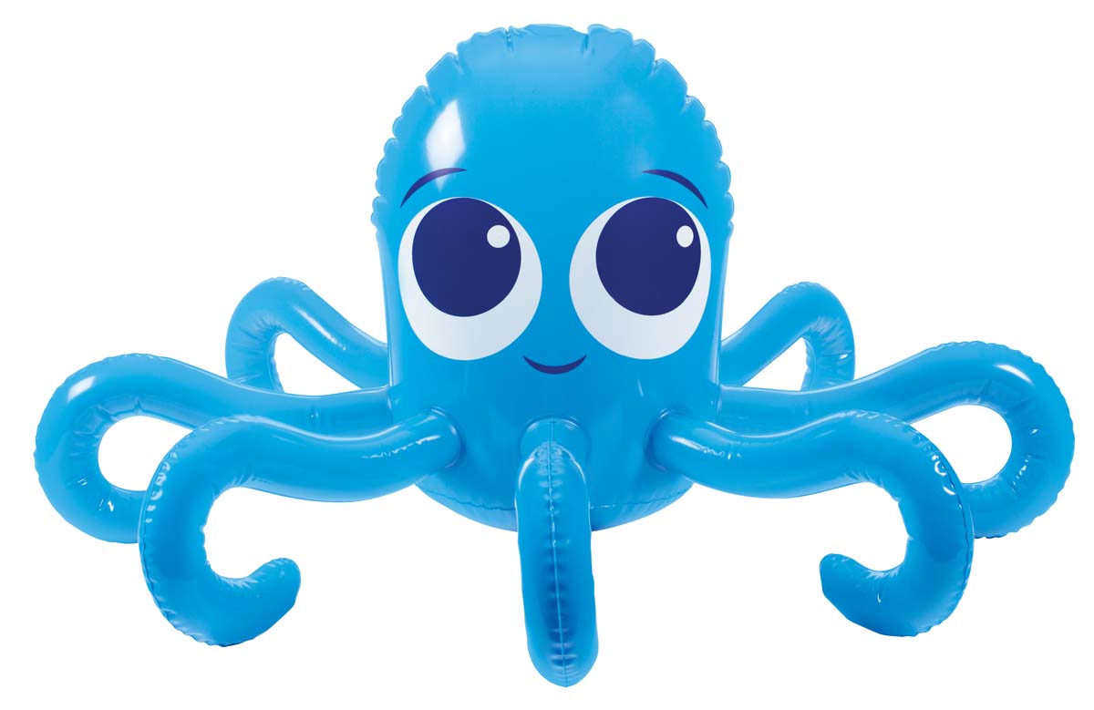 An inflatable blue octopus sprinkler 