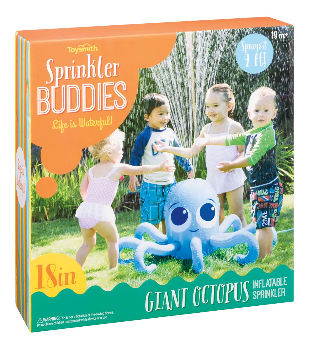 Package of Sprinkler Buddies Giant Octopus showing children playing