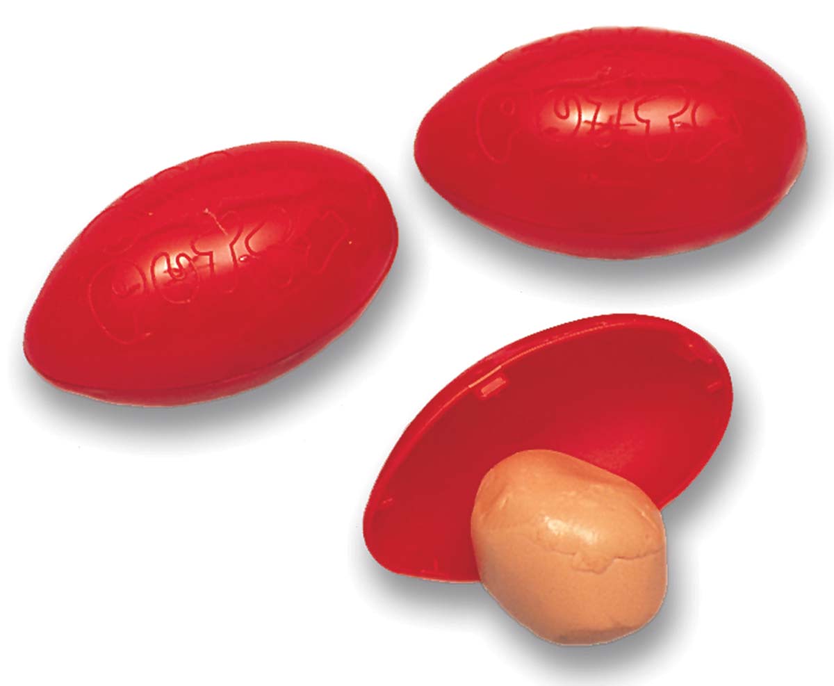 3 containers of silly putty in red eggshells. One egg is open showing the silly putty