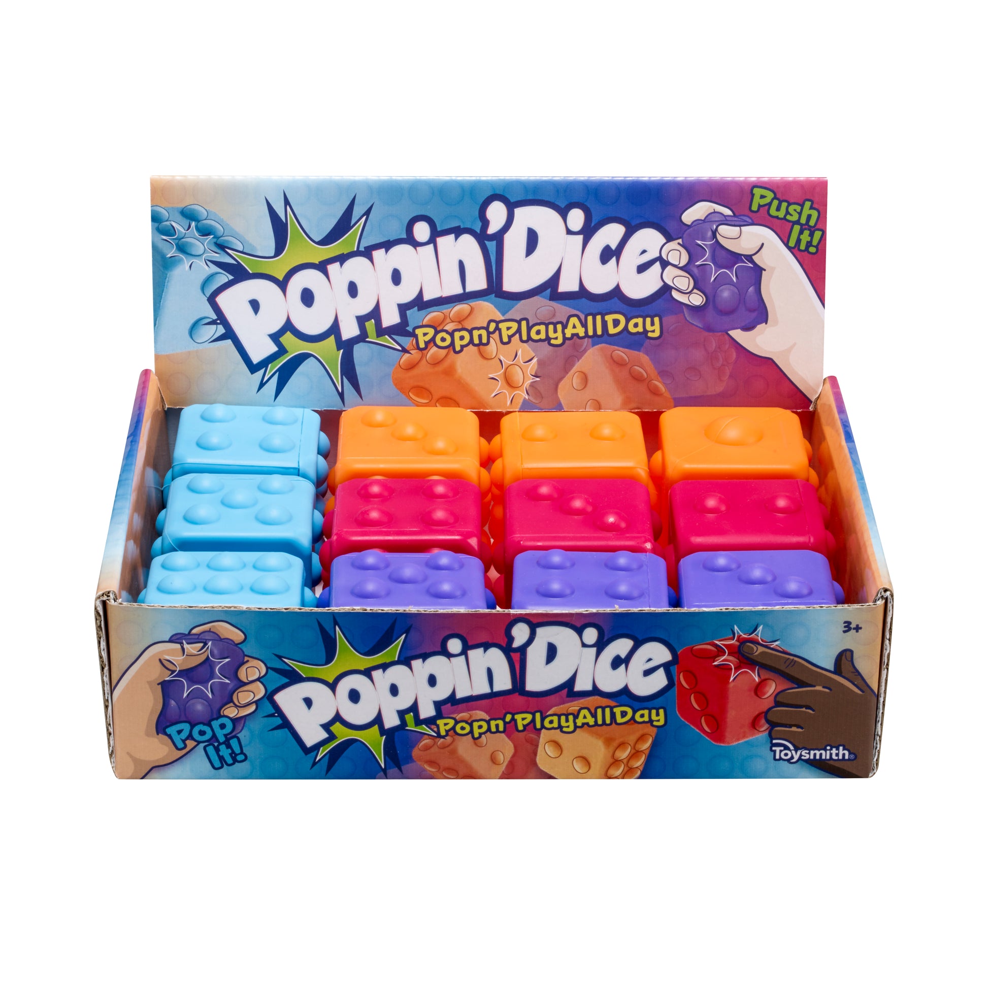 A retail box showing assorted colors of Poppin' Dice