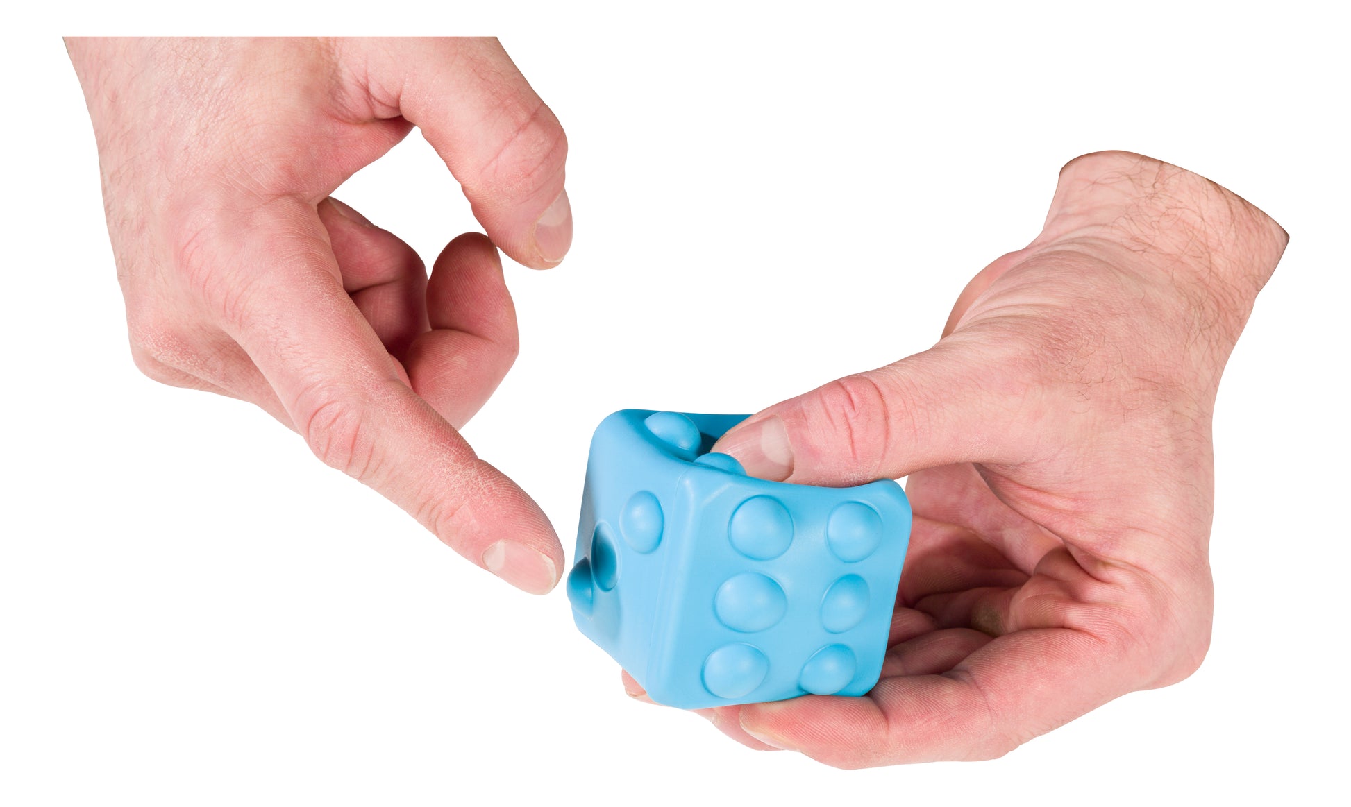 Two adult hands squishing and poking sensory fidget Poppin; Dice