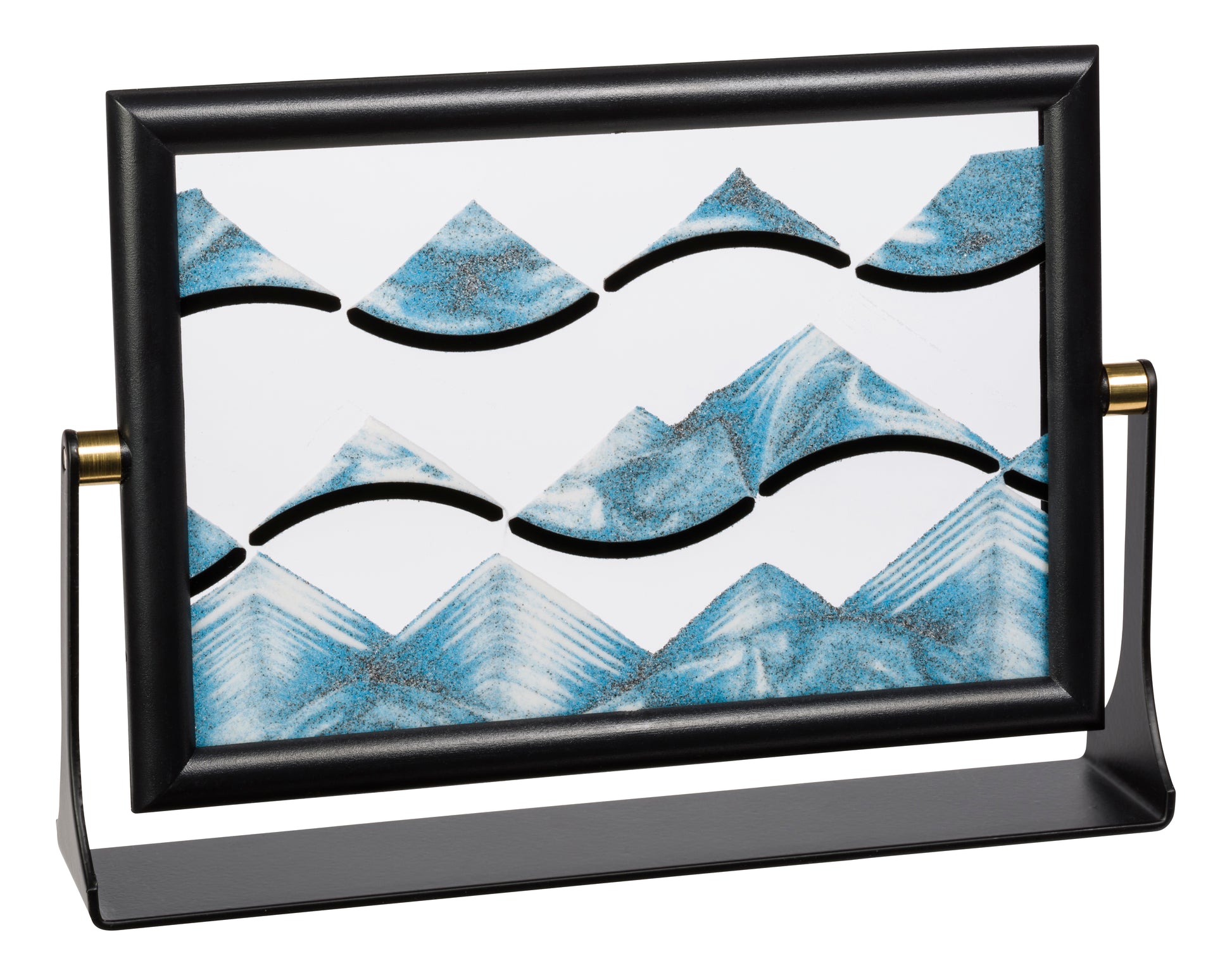 A desktop motion relaxer with a solid black frame and base with sleek gold connectors that allow the frame to flip. Blue and white sand is contained inside.