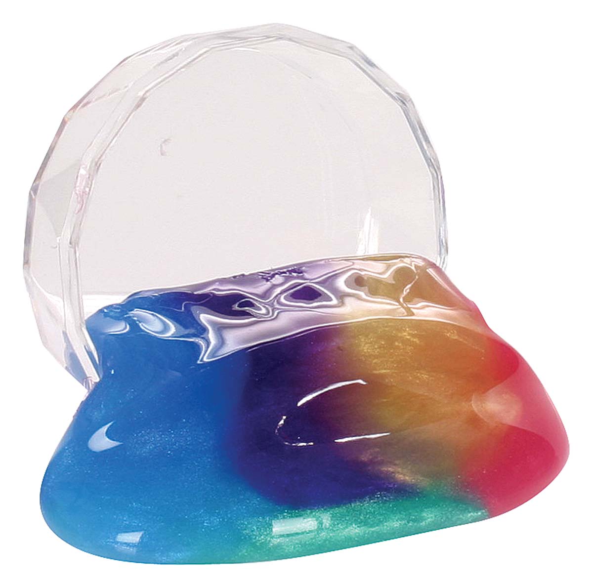 Gooey putty in vivid, swirling colors pouring out of gemstone shaped container