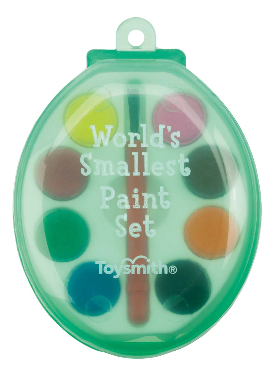 Green container with 8 colors of paint and a brush