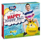 18-inch Happy Hoppy Ball packaging. Text states the package includes one ball and one pump. The ball holds up to 175 pounds. Made for children 3 and up.