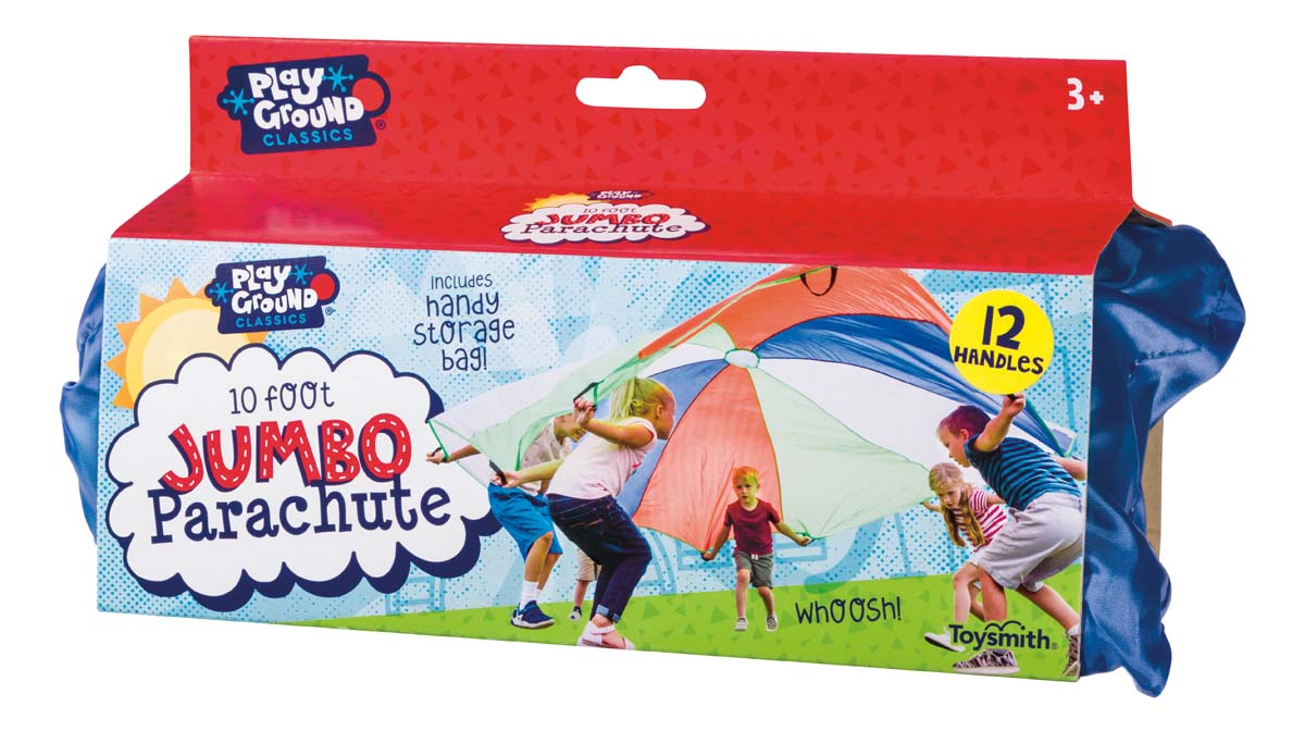Box containing a 10-foot jumbo parachute. Text on the box describes that contents include a 10-foot jumbo parachute with 12 handles and a handy storage bag. Toy for ages 3 plus.