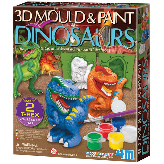 3D Mould & Paint Dinosaurs box showing two completed dinosaurs and a paint set. Makes two T-Rex models. 2.7 inches tall. For ages five and up.