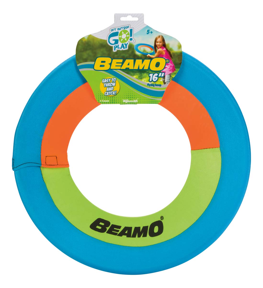Beamo 16" disk with tag. Text of tag states that the disk is easy to throw and catch! For ages 5 plus