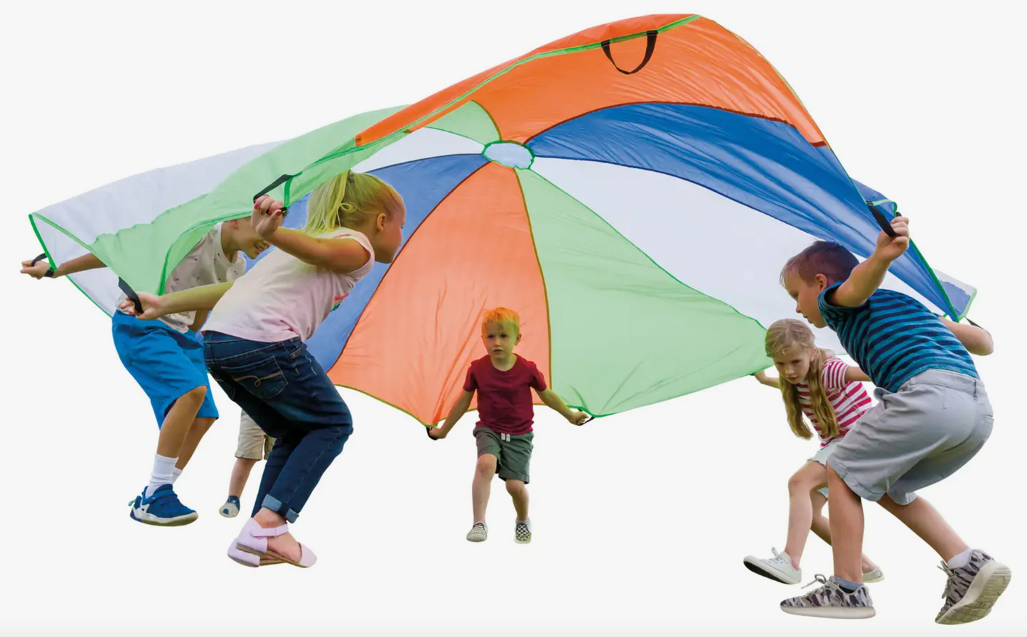 Children running inwardly in a circle holding the handles of a color-blocked parachute.